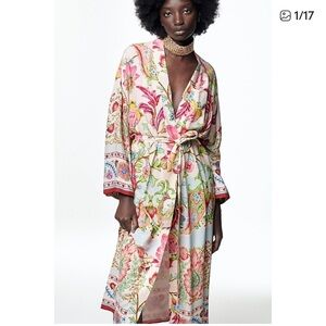Zara Cream Floral Kimono robe with Pink and Green Accents